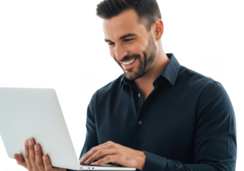 Smiling man working on laptop isolated on transparent background