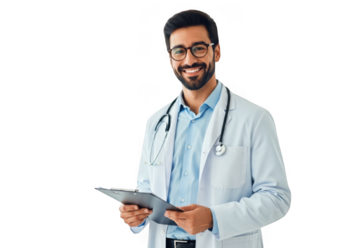 Smiling male doctor holding clipboard isolated on transparent background - Powered by Adobe