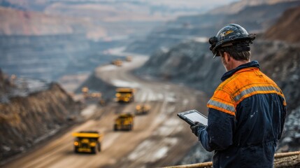 Mining professional wearing reflective safety gear inspects mining progress on a handheld tablet with sprawling openpit terraced benches and heavy duty haul trucks crawling below.