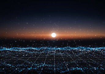 Futuristic city skyline at sunset with glowing digital network overlay and bright sun on horizon