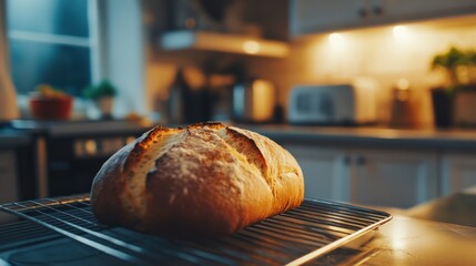 Golden-Crusted Loaf on Cooling Rack in Cozy Kitchen