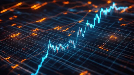 Financial chart showing an upward trend with blue and orange lines on a dark background indicating market growth