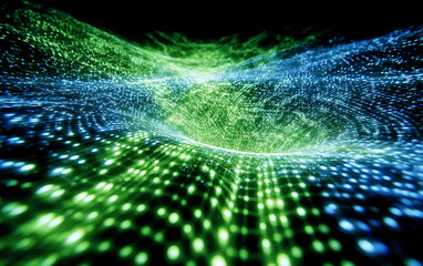 Vibrant Green and Blue Digital Particle Wave Pattern