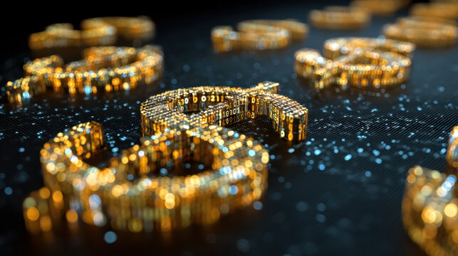 Digital dollar cryptocurrency binary holographic gold shimmer fintech cyber finance sparkle glow