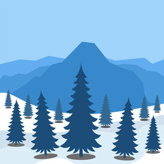 Fototapeta premium Winter Mountain Landscape with Pine Trees. Vector Illustration. Vector illustration of a serene winter landscape with tall pine trees standing on snow covered hills.