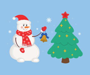 Illustration of a snowman decorating a Christmas tree on the background of a snowy landscape. The concept of winter holidays and Christmas celebrations