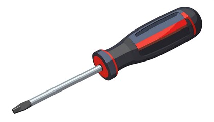 A simple, illustrated depiction of a black and red screwdriver, angled and positioned on a white background.