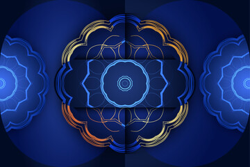 Decorative mandala design with golden and blue floral patterns in symmetrical arrangement