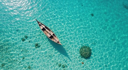Aerial view of a traditional wooden boat floating on incredibly clear turquoise ocean water over a white sandy bottom.