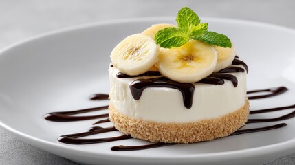 Delicious banana cheesecake with chocolate drizzle and mint garnish on a plate