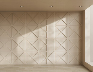 Modern interior design with geometric textured wall and soft natural light casting shadows