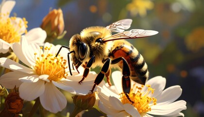 A honeybee meticulously gathers nectar from a vibrant, white flower, bathed in the warm glow of sunlight.