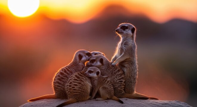 Cute group of meerkats huddling together and standing guard on a rocky outcrop during a warm sunset. - Powered by Adobe