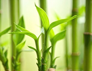 A bamboo plant with chinese writing on it is in a glass jar
4