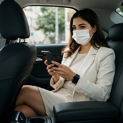 Mujer de negocios con mascarilla usando un smartphone dentro del coche