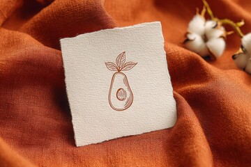 Artistic depiction of an avocado illustration on textured paper against a warm fabric backdrop