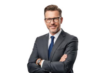 Smiling businessman with arms crossed isolated on transparent background