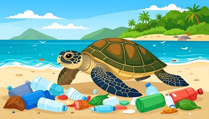 Turtle on beach surrounded by plastic waste