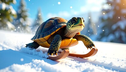 Turtle sledding in snowy mountains