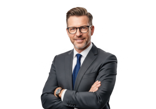 Smiling businessman with arms crossed isolated on transparent background