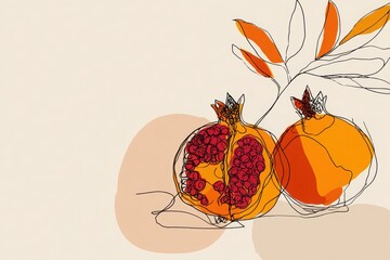 Artistic depiction of pomegranates with vibrant colors and abstract background elements