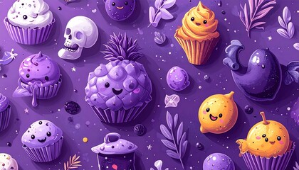A vibrant and whimsical pattern features various sweet treats, including cupcakes, fruits, and a fanciful skull, all rendered with expressive, cartoonish faces against a rich, purple backdrop.