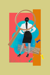 Collage showing HR business concept with magnifying glass condifent woman man push pins symbolizing recruitment search