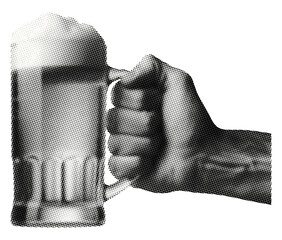 hand holding large beer mug filled with frothy beer foamy head isolated halftone dots texture cut-out retro collage element for mixed media vintage pub Oktoberfest vibe design