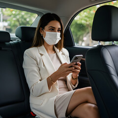 Mujer de negocios con mascarilla usando un smartphone dentro del coche