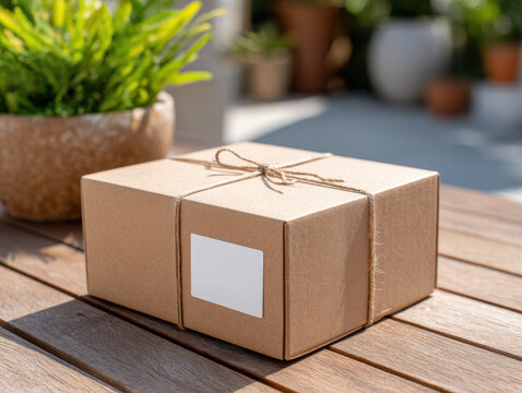 Package tied with string on wooden table ready for food delivery online order with natural light and plant background