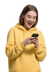 Isolated woman in yellow hoodie looks at phone with transparent background for graphic design or advertising.