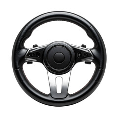 Black leather car steering wheel, central hub, and accents