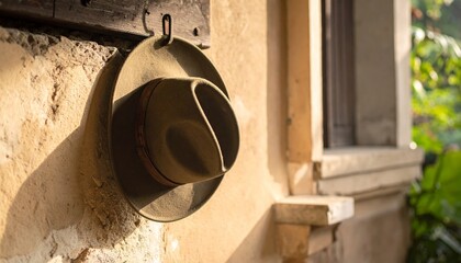 A rustic cowboy hat hangs on a log, and is illuminated by the afternoon sun