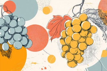Artistic illustration of grapes with abstract shapes and colors in a vibrant background