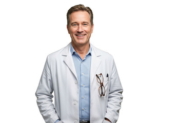 Smiling doctor in white lab coat isolated on transparent background