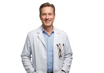Smiling doctor in white lab coat isolated on transparent background