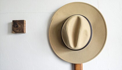Rustic cowboy hat hangs on textured wall next to wooden peg and fabric detail