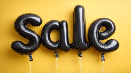 Black sale balloons floating on vibrant yellow background