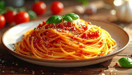 Delicious spaghetti with rich tomato sauce and fresh basil, a perfect Italian meal ready to savor