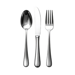 Stainless steel spoon, knife, and fork, aligned vertically