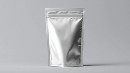 Silver metallic stand-up pouch on gray background