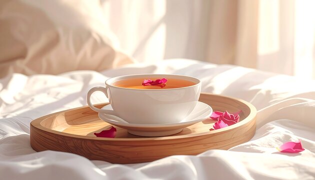 A delicate white teacup, filled with warm tea and rose petals, sits on a light wooden tray resting on a soft white bed. - Powered by Adobe
