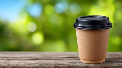 Eco-friendly coffee cup on wooden table with blurred nature background