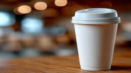 Disposable coffee cup on wooden table with blurred background in cafe setting