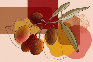 Artistic illustration of olives on a colorful abstract background with organic shapes