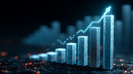 Digital bar graph with rising trend arrow on abstract background