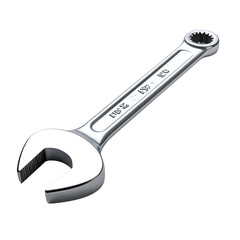 A metallic adjustable wrench, angled, with a smooth, shiny surface