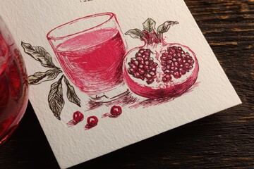 Artistic illustration of pomegranate juice with fruit and berries on textured paper background