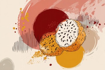 Artistic illustration of sliced tropical fruits with abstract background splashes and textures