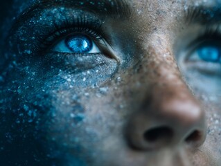 Female with blue eye in close-up artistic portrait with textured skin
